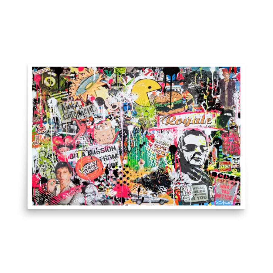 Cult film collage art print titled Royale with Cheese by Ciano – Tarantino-inspired mixed media pop art