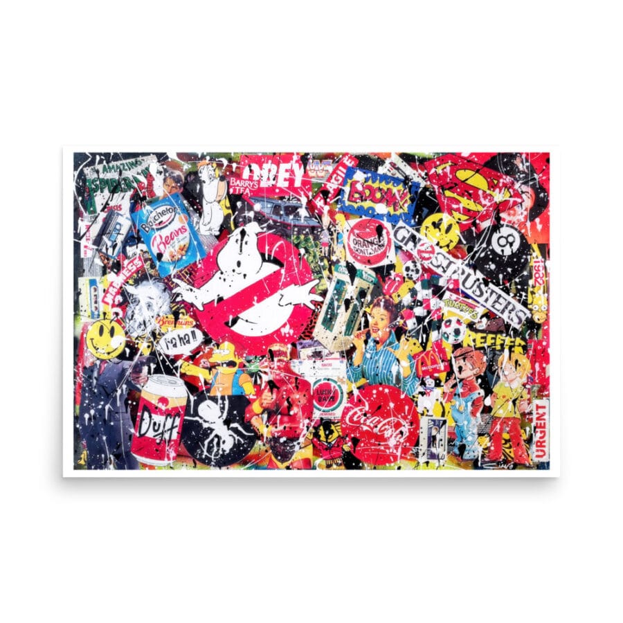 Retro collage art print titled Hot Since 82 by Ciano – pop culture wall art with 80s and 90s nostalgia