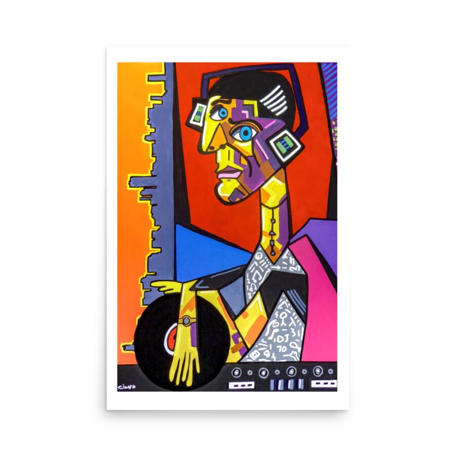 Cubist DJ art print titled DJism by Ciano – bold abstract music-inspired artwork